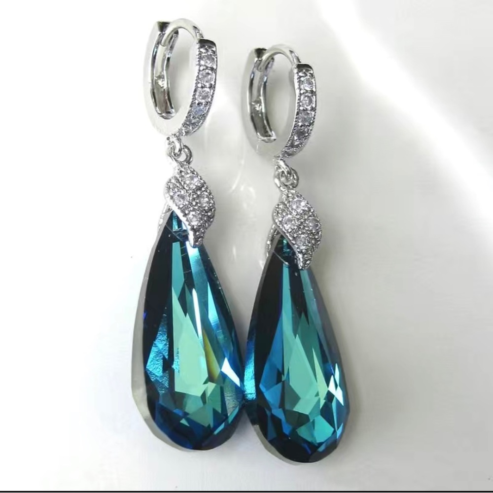 925 Silver Plated Zircon Teardrop Dangle Earrings